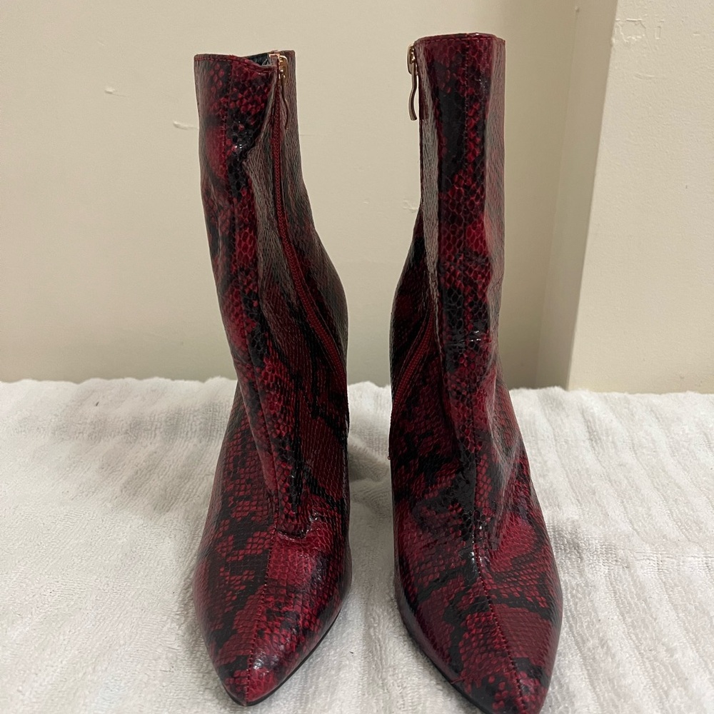 Fashion Nova Burgundy Snake Print Heeled Boots